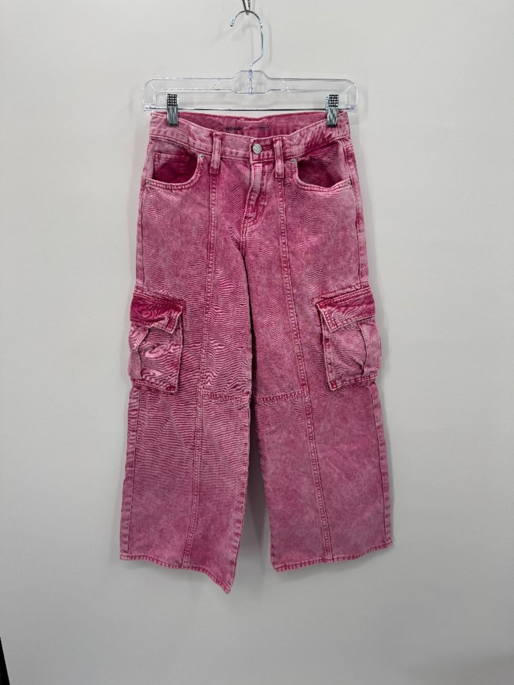 Old Navy Girls High Rise Baggy Cargo Jeans Size 12 Hot Pink Acid Wash Denim